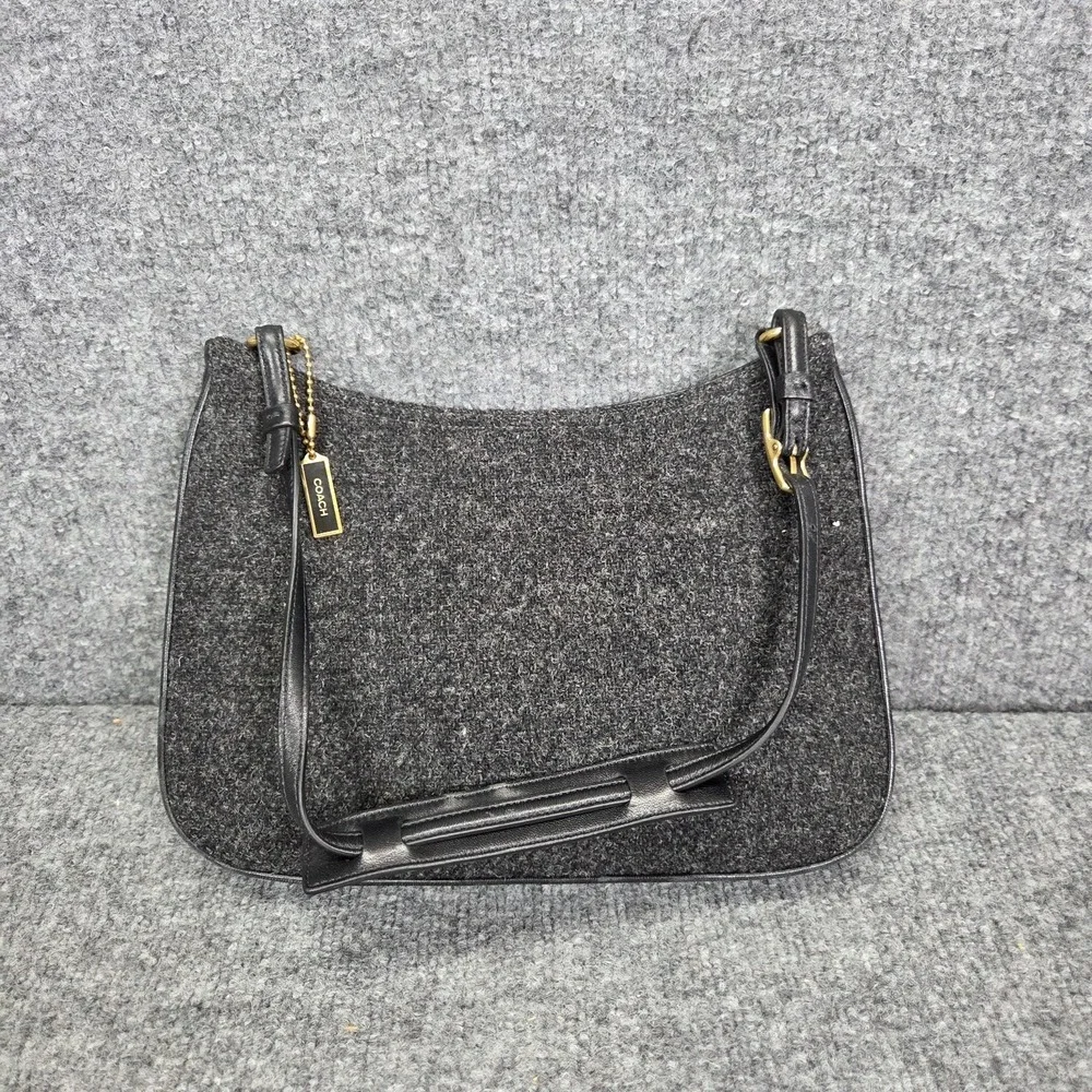 Coach Small Hobo Shoulder Bag Charcoal Gray Wool Tweed Black Leather‎ 8308 Y2K